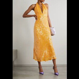 Markarian Valerie Mustard Yellow Sequined Halter Midi Dress Size Small New